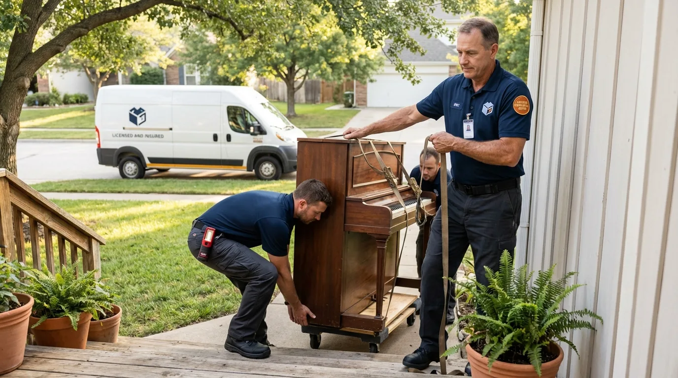 Licensed piano movers securing grand piano in Sunflower, MS