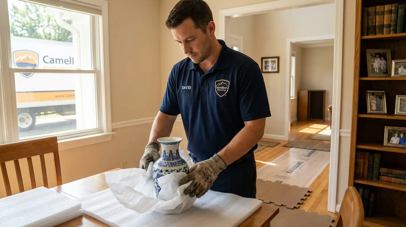 Professional crew carefully wrapping antique vase for senior downsizing move in Sunflower, MS